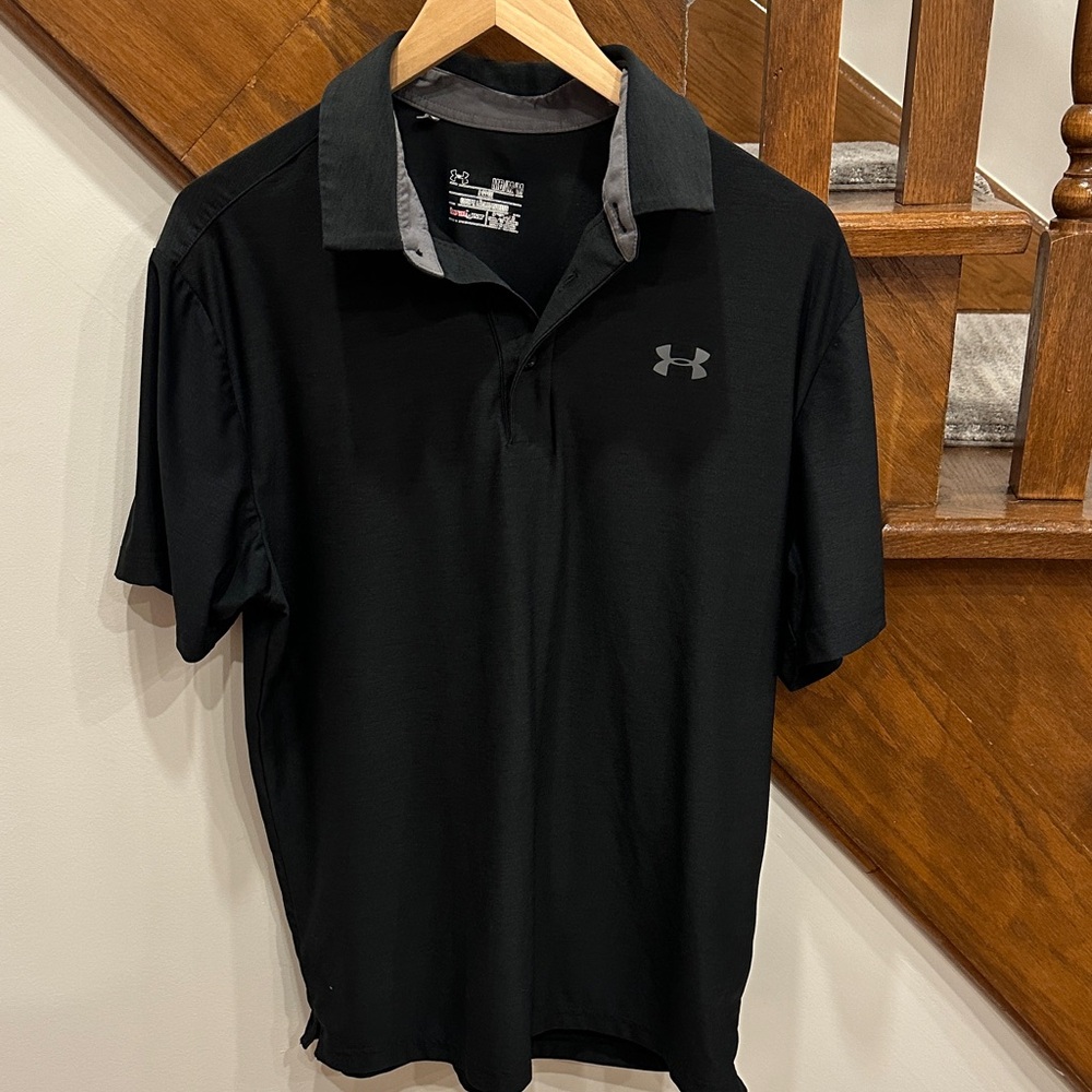 Under Armour Men's Black and Gray Polo Shirt loose fit heat gear size M